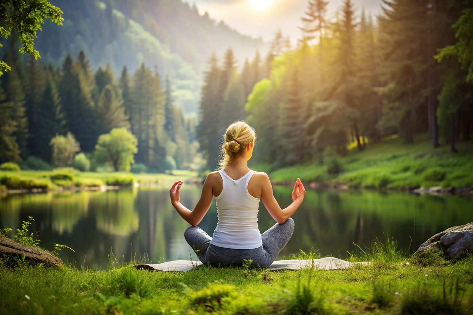 Eine Person in einer entspannten Yoga-Pose, umgeben von einer ruhigen, natürlichen Umgebung ohne erkennbare Symbole oder Text
