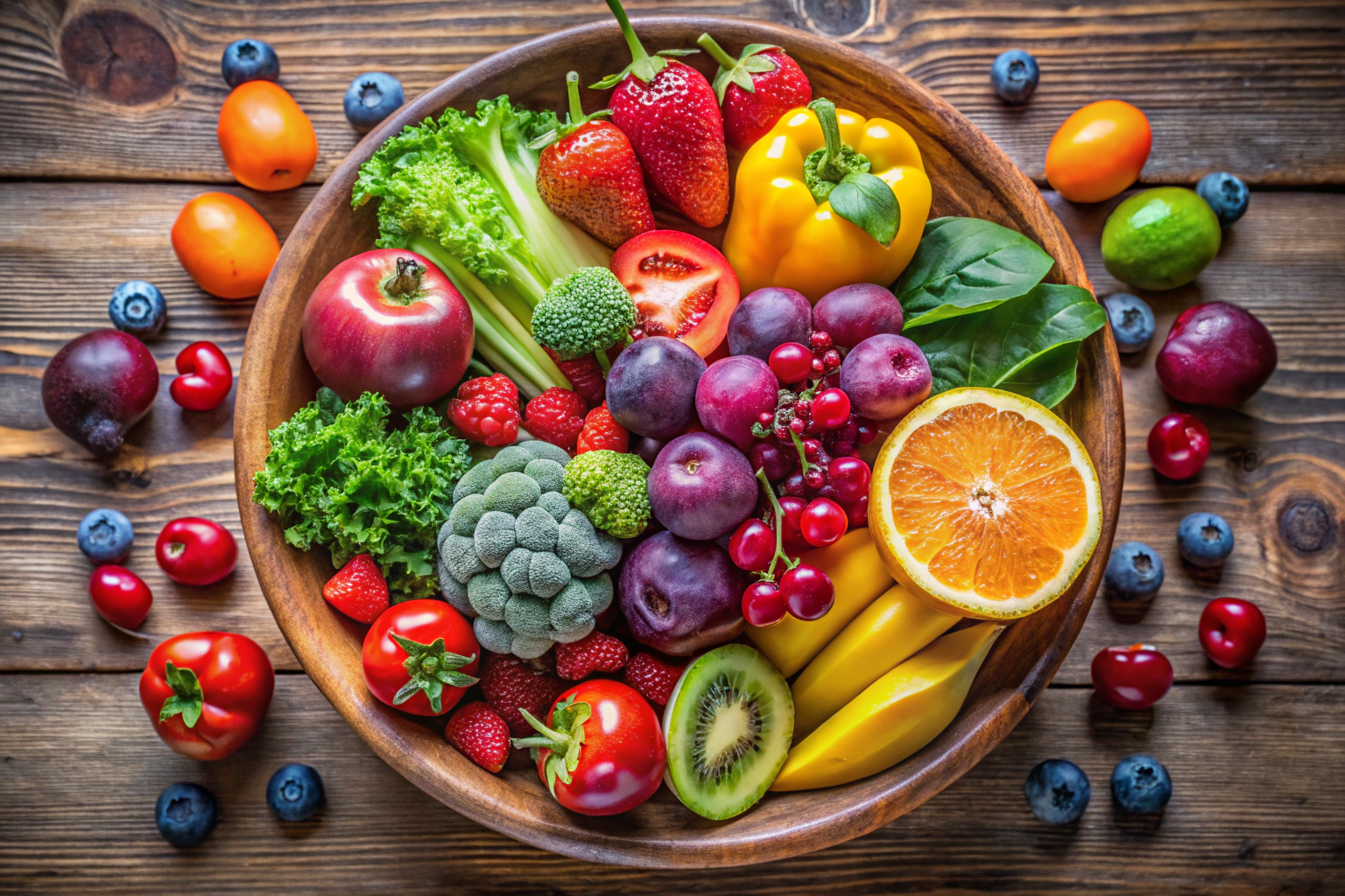 Eine farbenfrohe Auswahl an frischem Obst und Gemüse, arrangiert in einer Schüssel auf einem Holztisch, mit natürlichem Licht, das die Texturen hervorhebt