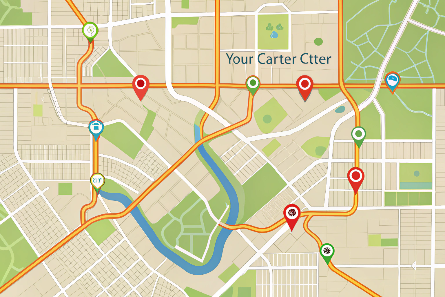A detailed map showing the route to the yoga center with highlighted paths for public transport and car access, set against a neutral background without any text or symbols