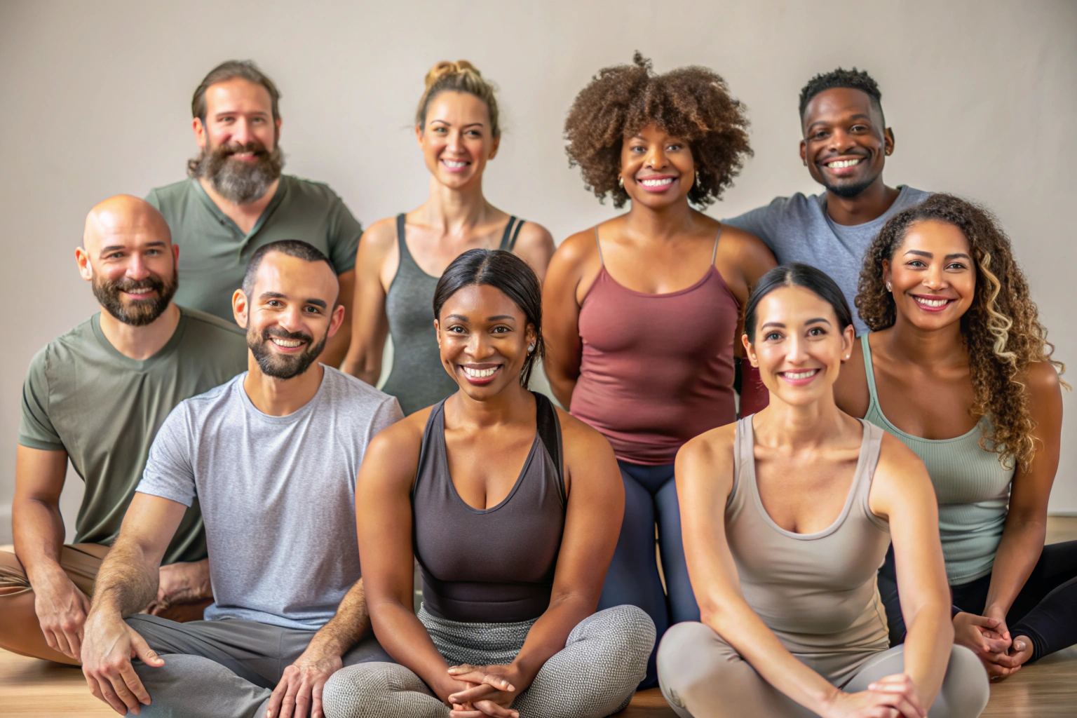 A diverse group of yoga teachers smiling warmly in a casual setting, wearing simple yoga attire, with no identifiable logos or text, set against a neutral background to emphasize inclusivity and professionalism